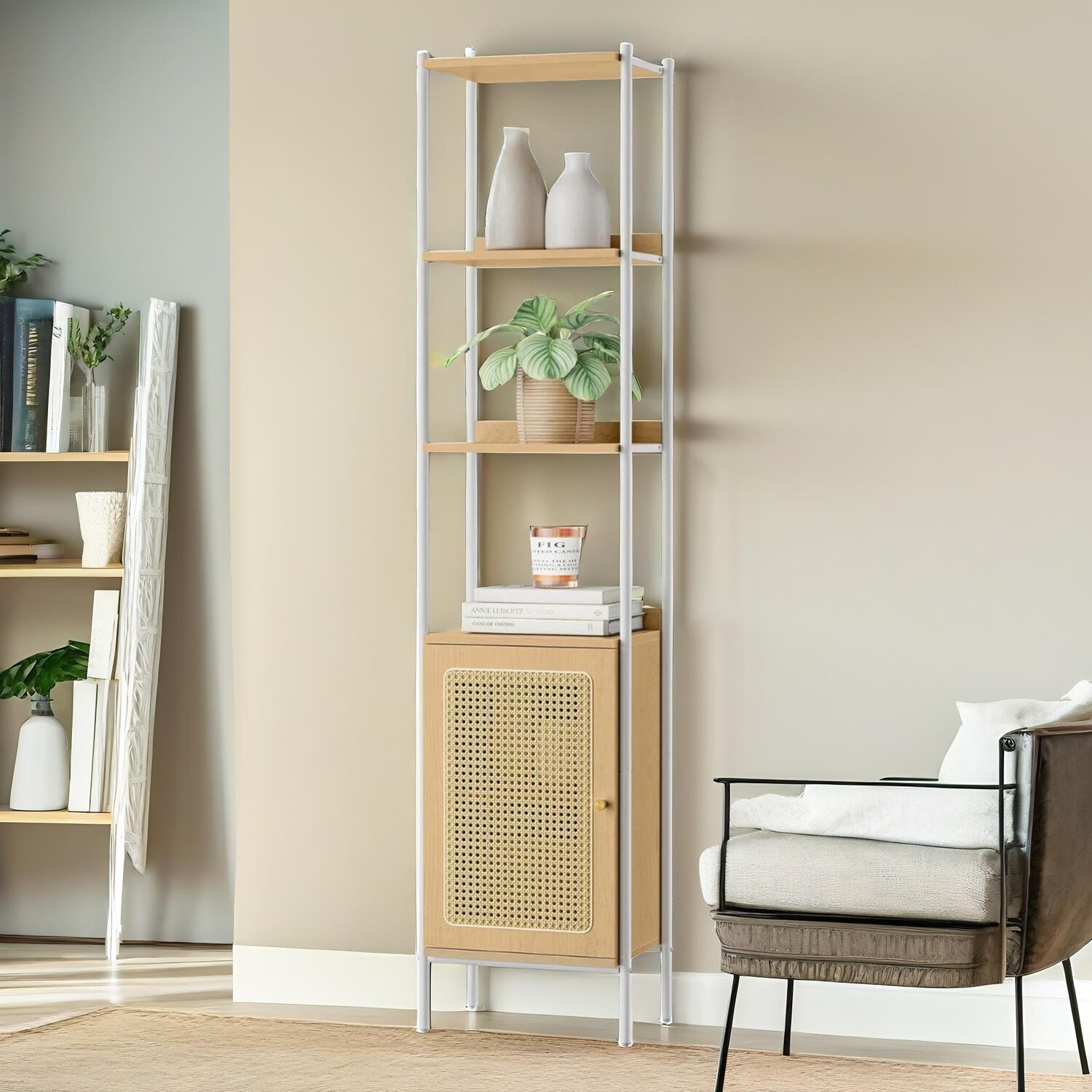 Rattan-like Narrow Bookcase Storage Cabinet With 2 Open Adjustable Shelves - Beige