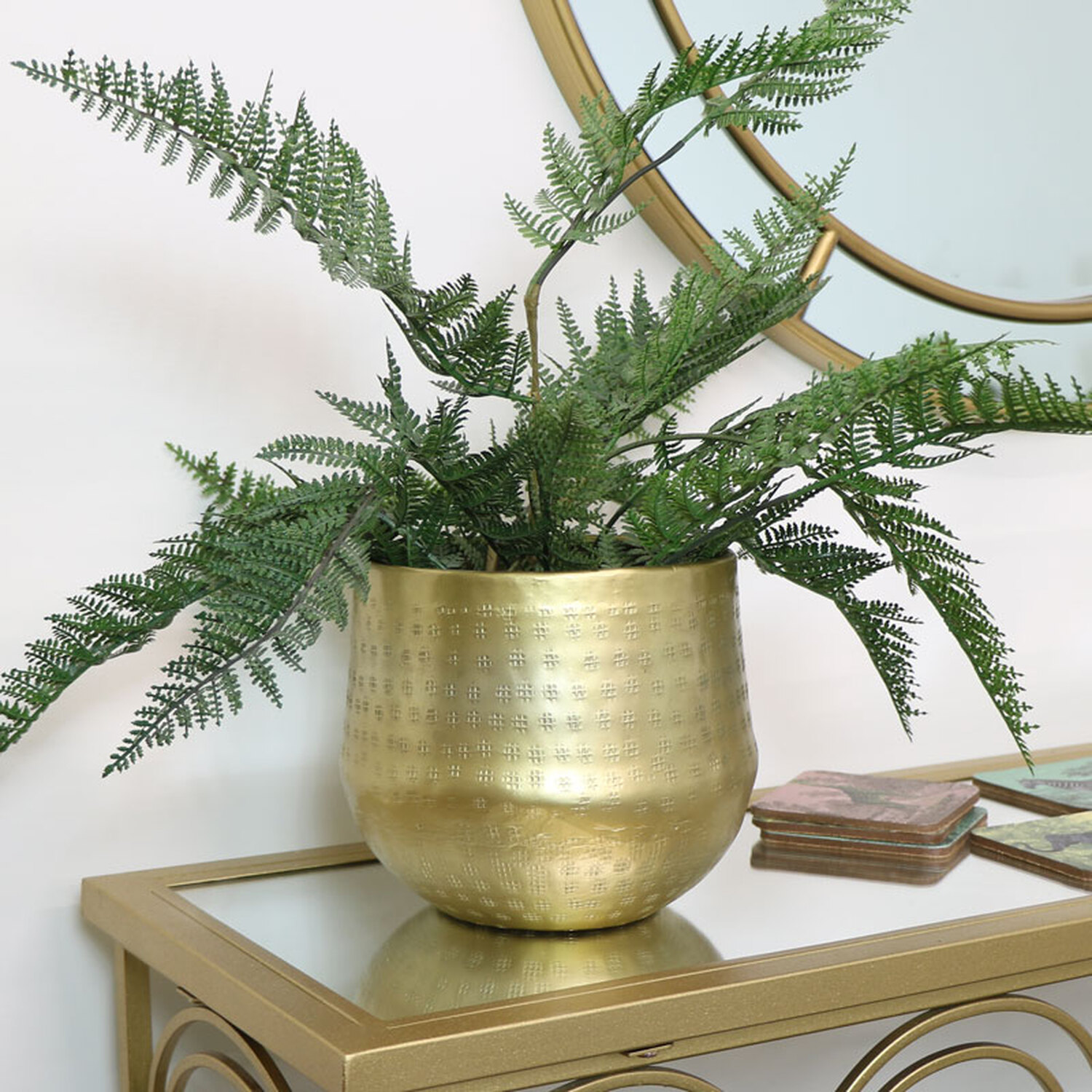 Small Round Gold Patterned Planter - Gold