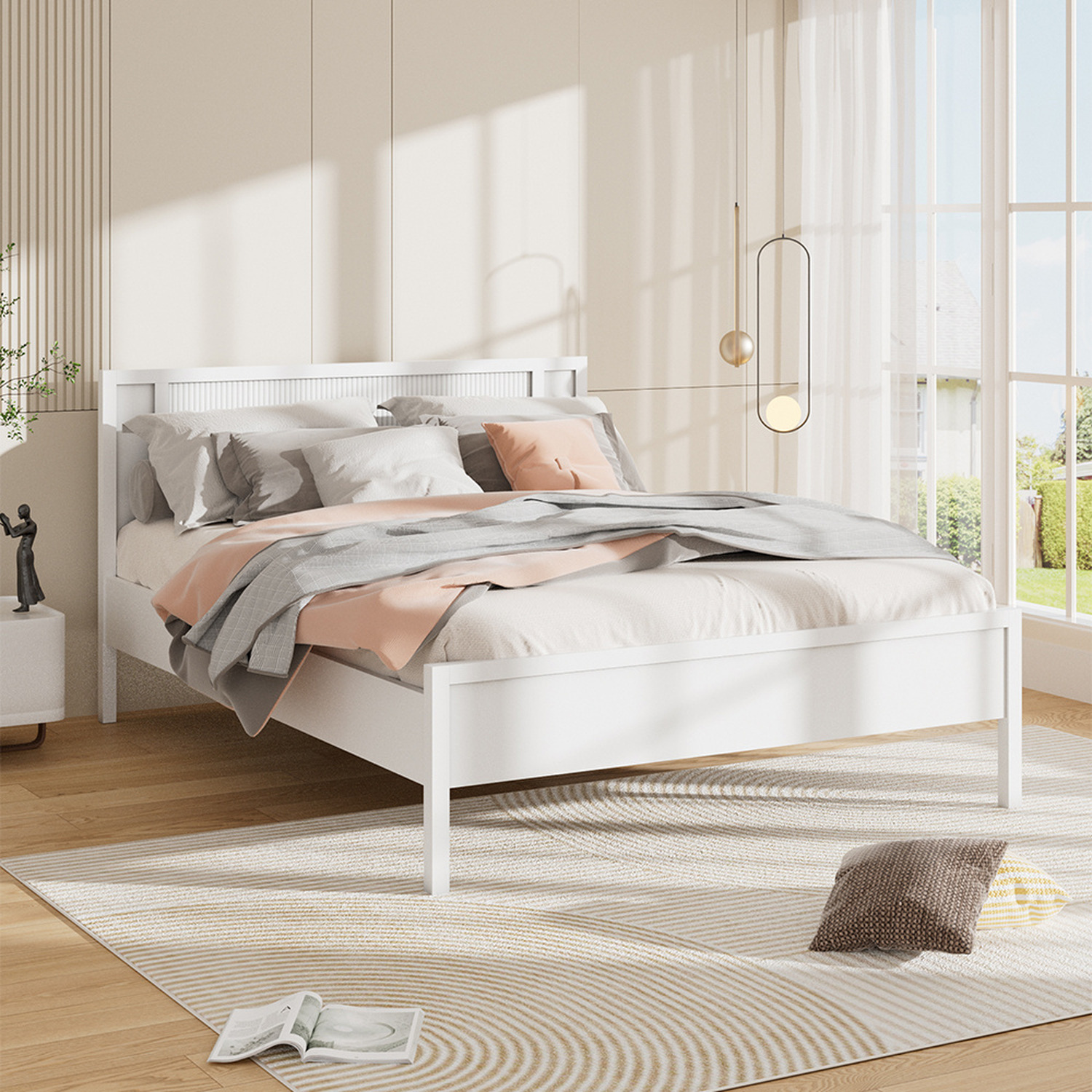 Wooden Bed Frame With Dual Row White Stripes - White