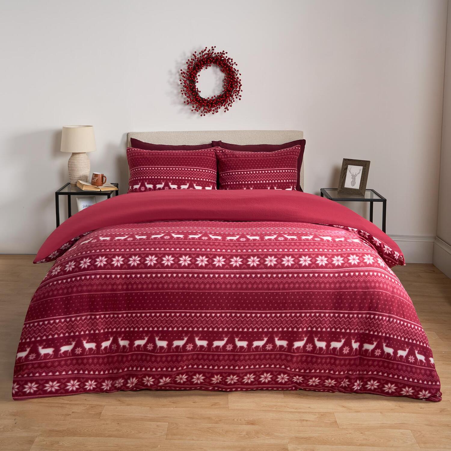 Nordic Christmas Fleece Duvet Set - Burgundy Double