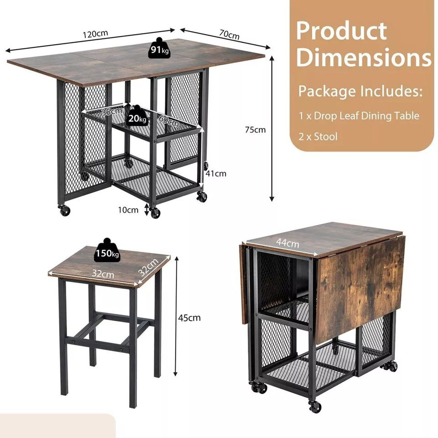 3 Piece Foldable Dining Table Set - Natural And Black