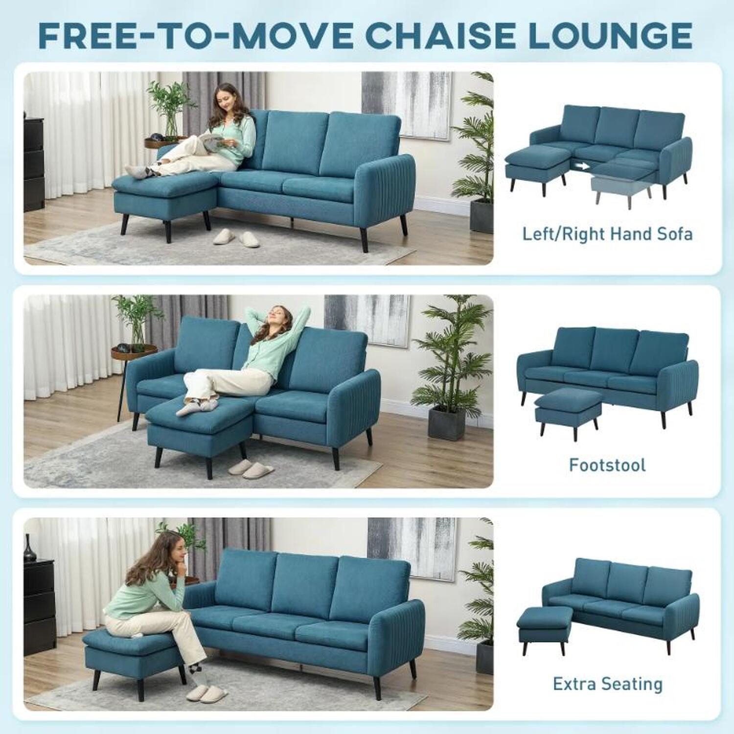 Corner Sofa With Reversible Chaise Lounge - Blue