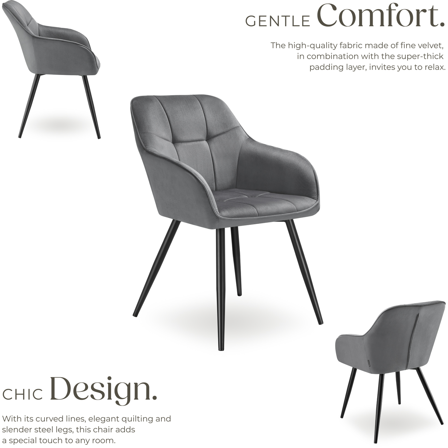 Dining Chair Marilyn - Velvet Look Quilted Pattern - Grey Black 2