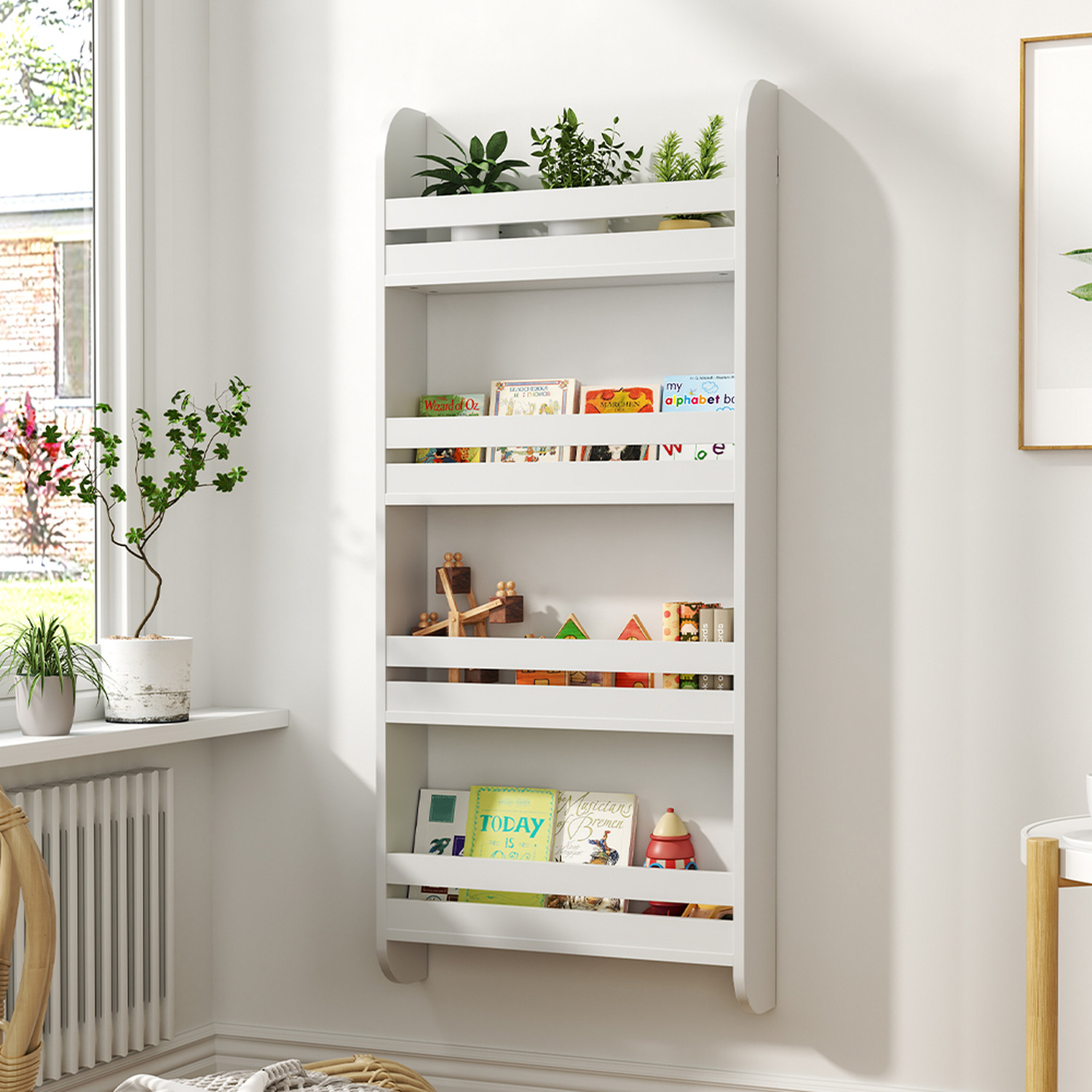 4-tier Wooden Modern Wall-mounted Shelf - White