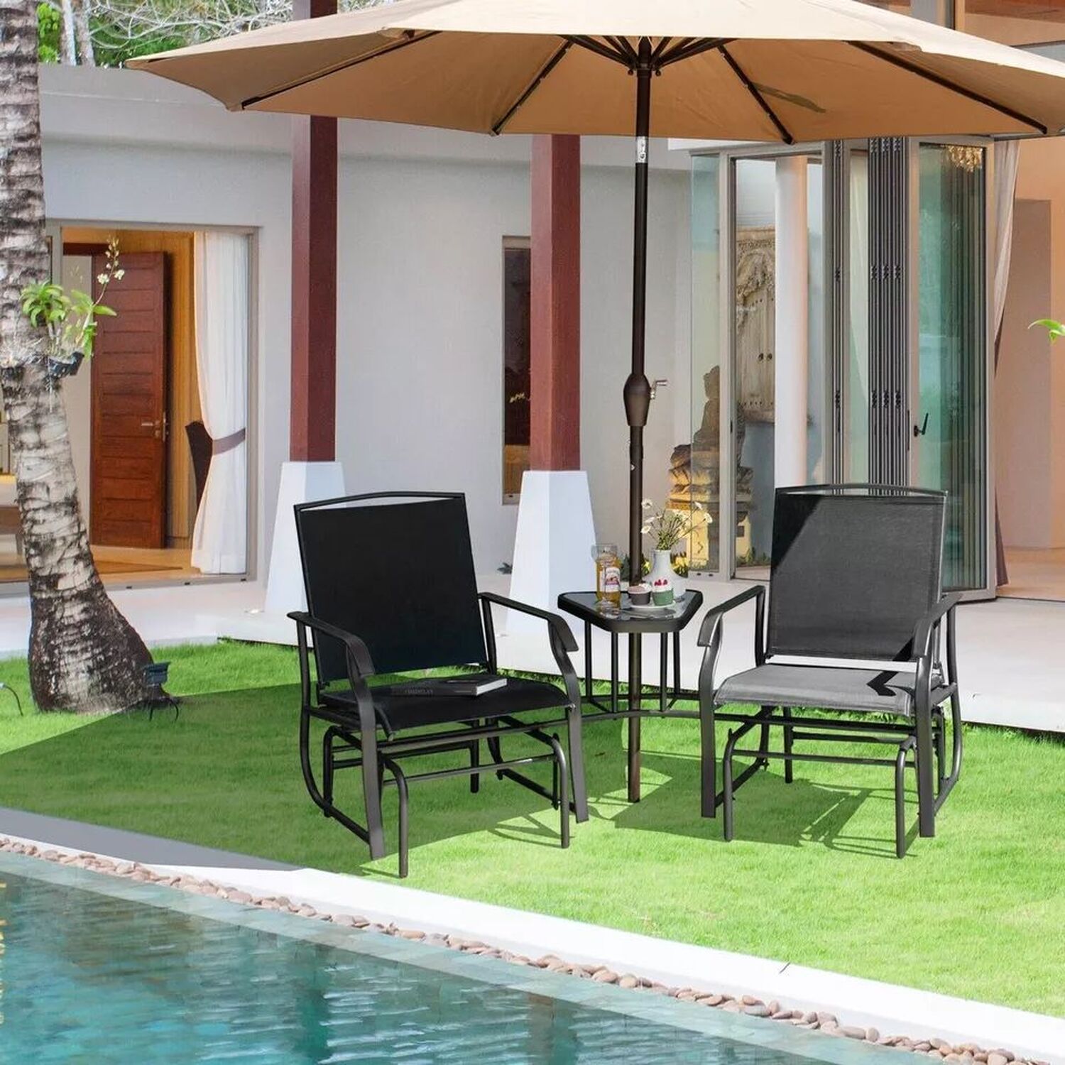 Chair And Table Set Garden With Hole For Umbrella - Black