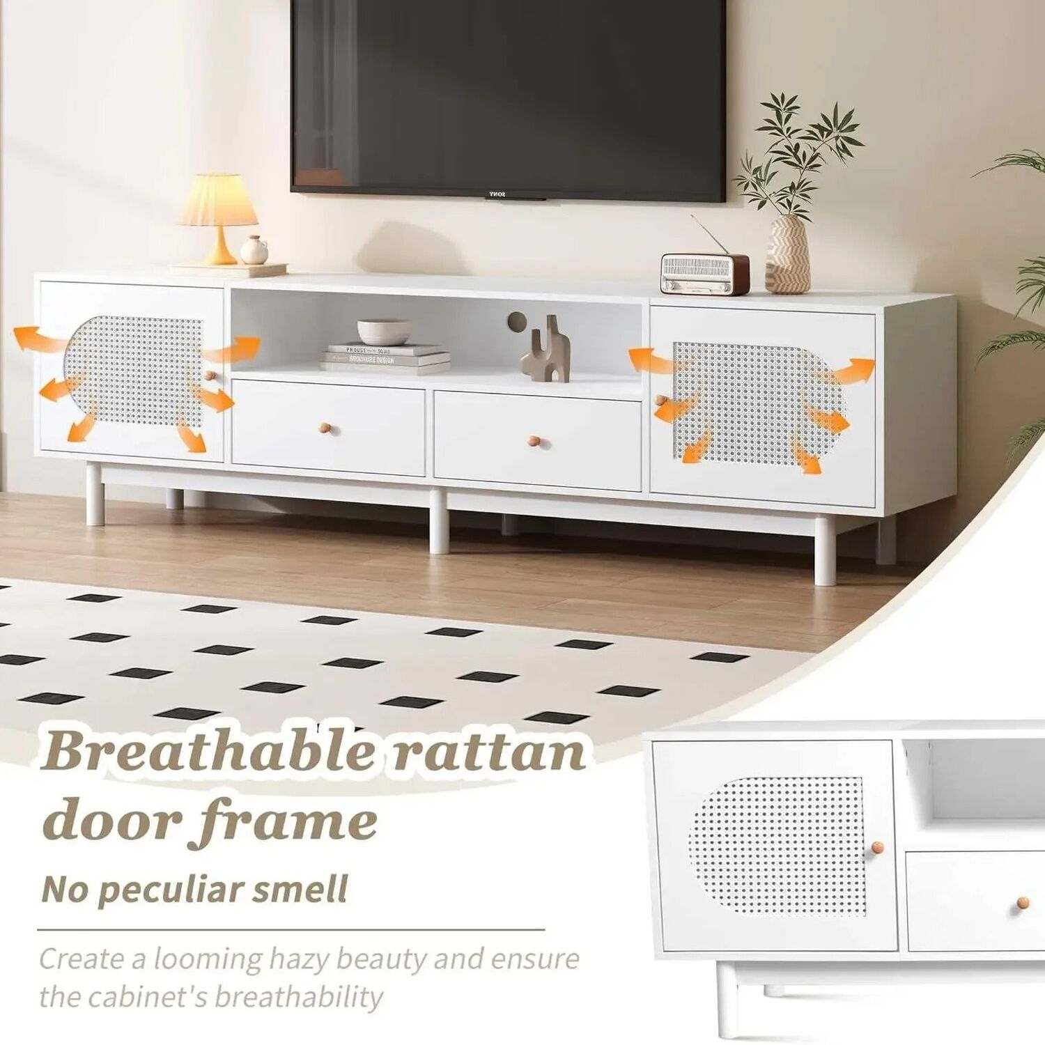 Elegant 180 Cm Long Tv Cabinet With Doors For 80 Inch Tv - White