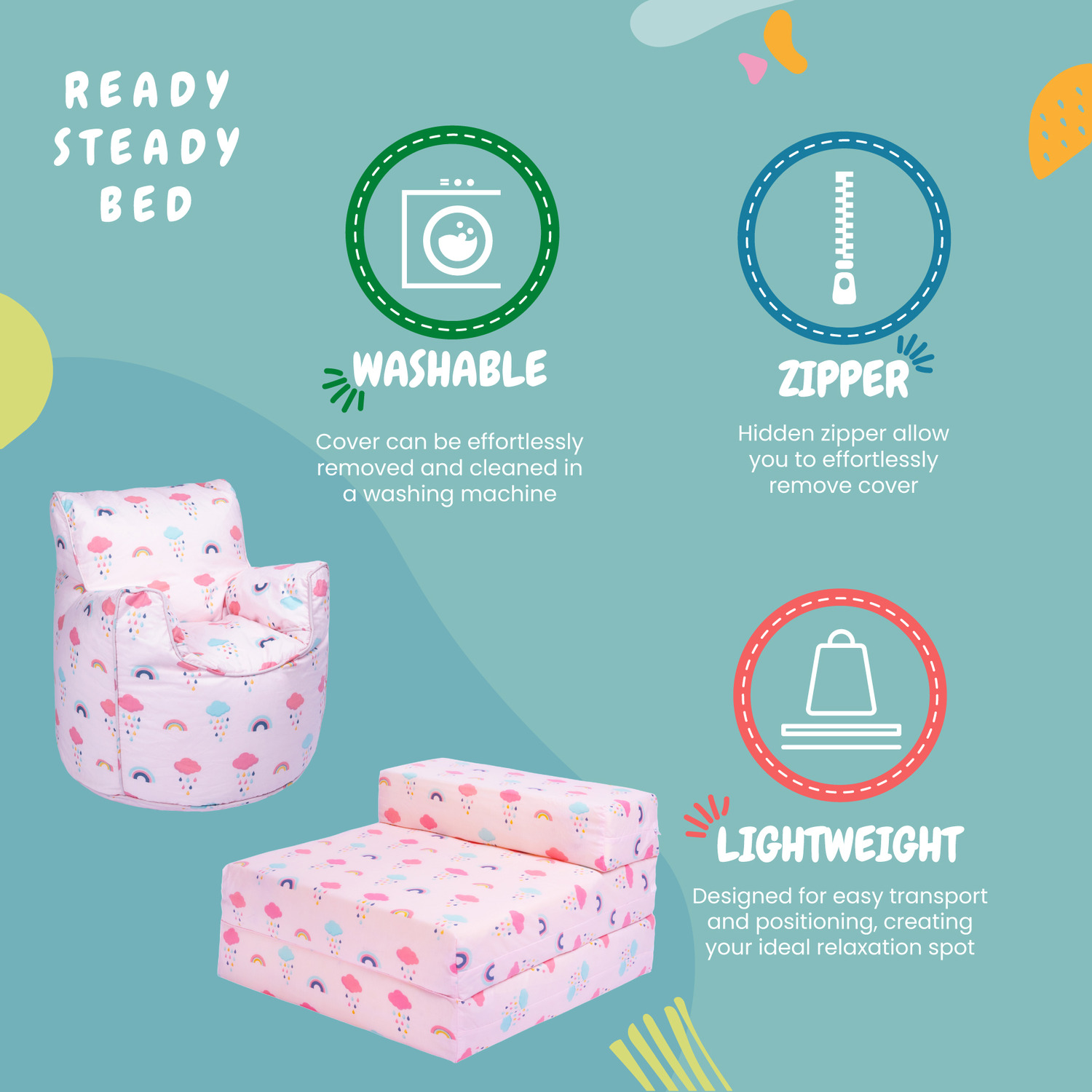 Printed Kids Bean Bag Armchair And Folding Z Bed Mattress - Rainbow
