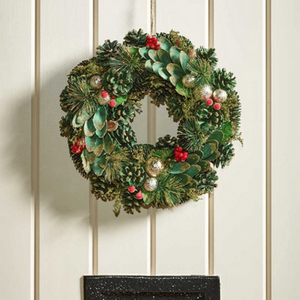 Bauble and Pinecone Hanging Christmas Wreath with Red Berries