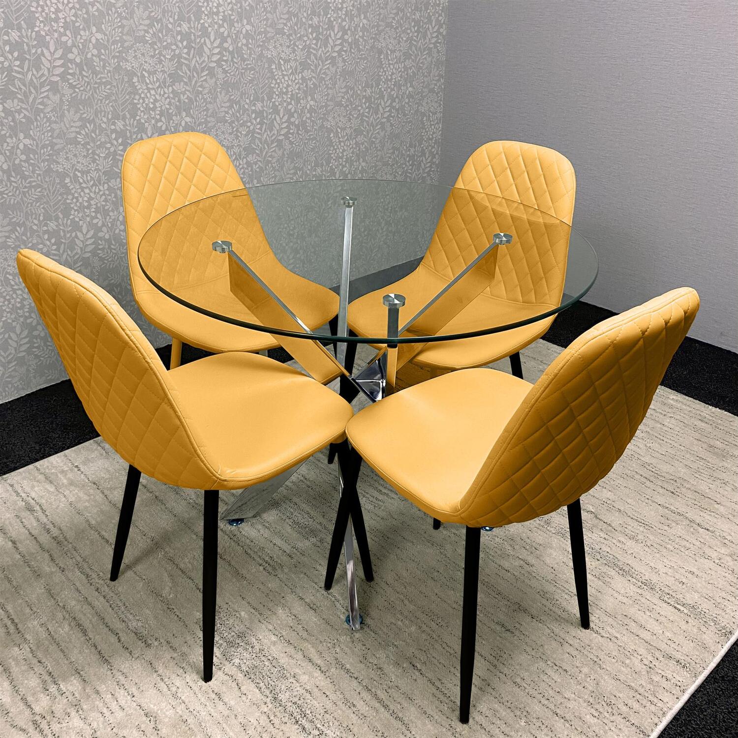 Round Glass Dining Table with 4 Mustard Leather Chairs Chrome Base ...
