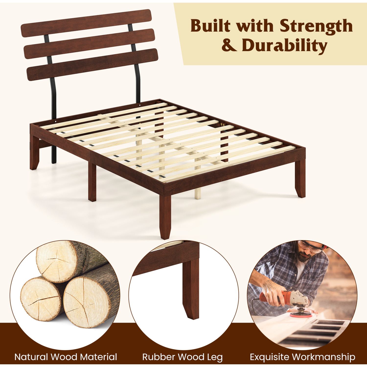 Solid Wood Platform Bed With Retro Headboard - Brown Double