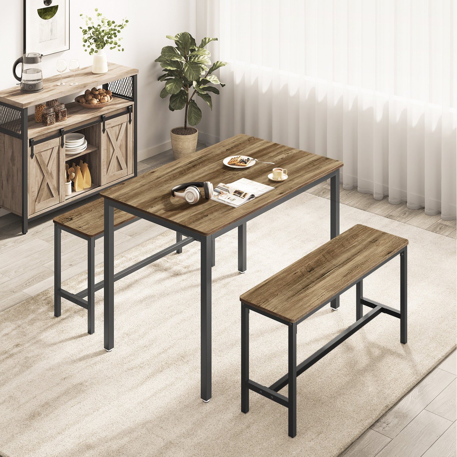Dining Table With 2 Benches Kitchen Table Set - Bronze