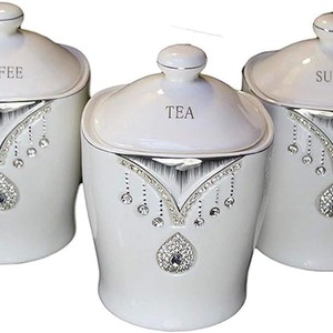 3x Tea Coffee Sugar Jar Sparkle Crystal Diamond Element Storage Canister 17x13Cm