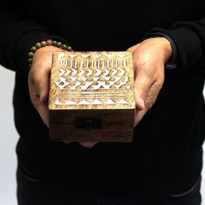 White Washed Wooden Box with Aztec Design Compact Storage Decor