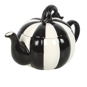 Black White Striped Pumpkin Teapot, Spooky Elegant Serve ware