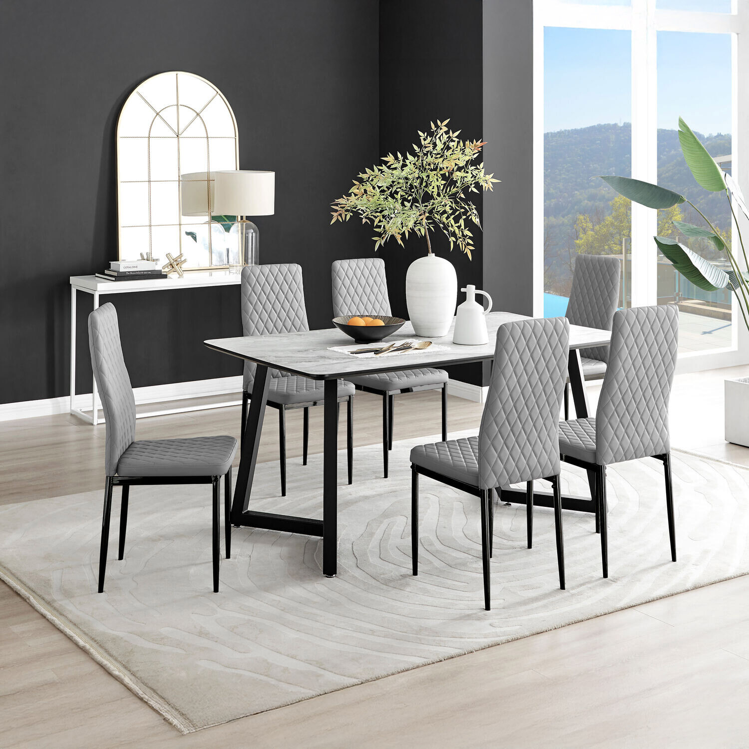 Furnitureboxuk Carson White Marble Effect Dining Table And 6 Milan Black Leg Chairs - Grey