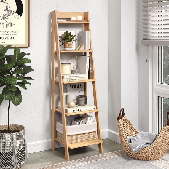 Corona Ladder Bookcase Solid Wooden Pine Wood Leaning Open Display
