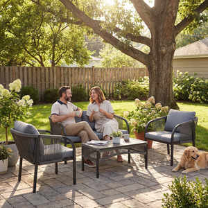 Four Piece Rattan Garden Furniture Set with Cushions