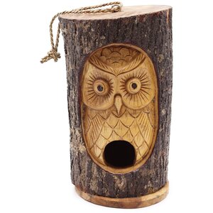 Hand-Carved Wooden Owl Bird House from Indonesia - Natural Tree Trunk Decor