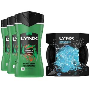 Lynx Jungle Fresh Shower Gel 225ml & Manwasher 2-Sided Shower Tool Bundle ¿ 3 Pack