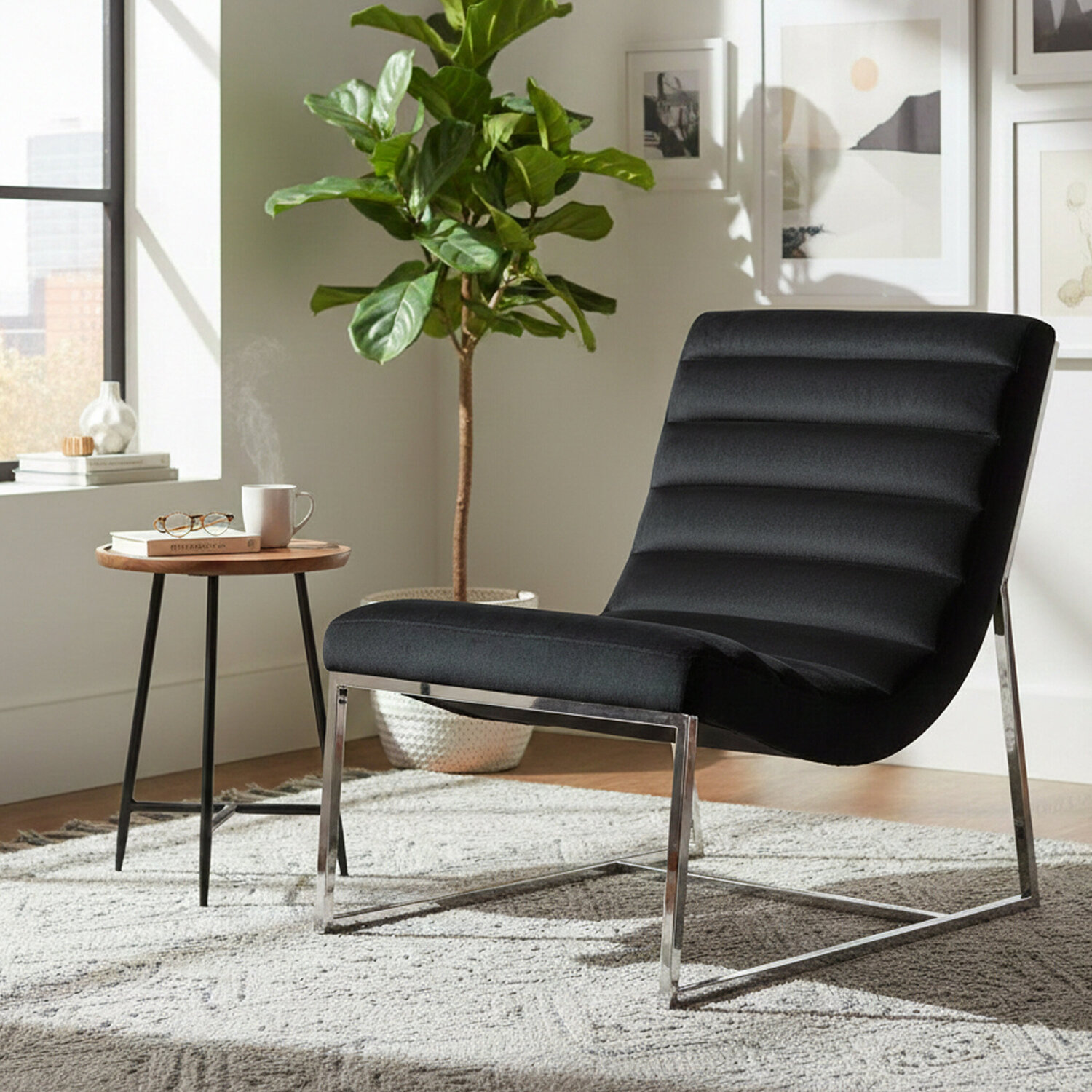 Fifty Five South Vogue Midnight Velvet Curving Profile Lounge Chair - Blue