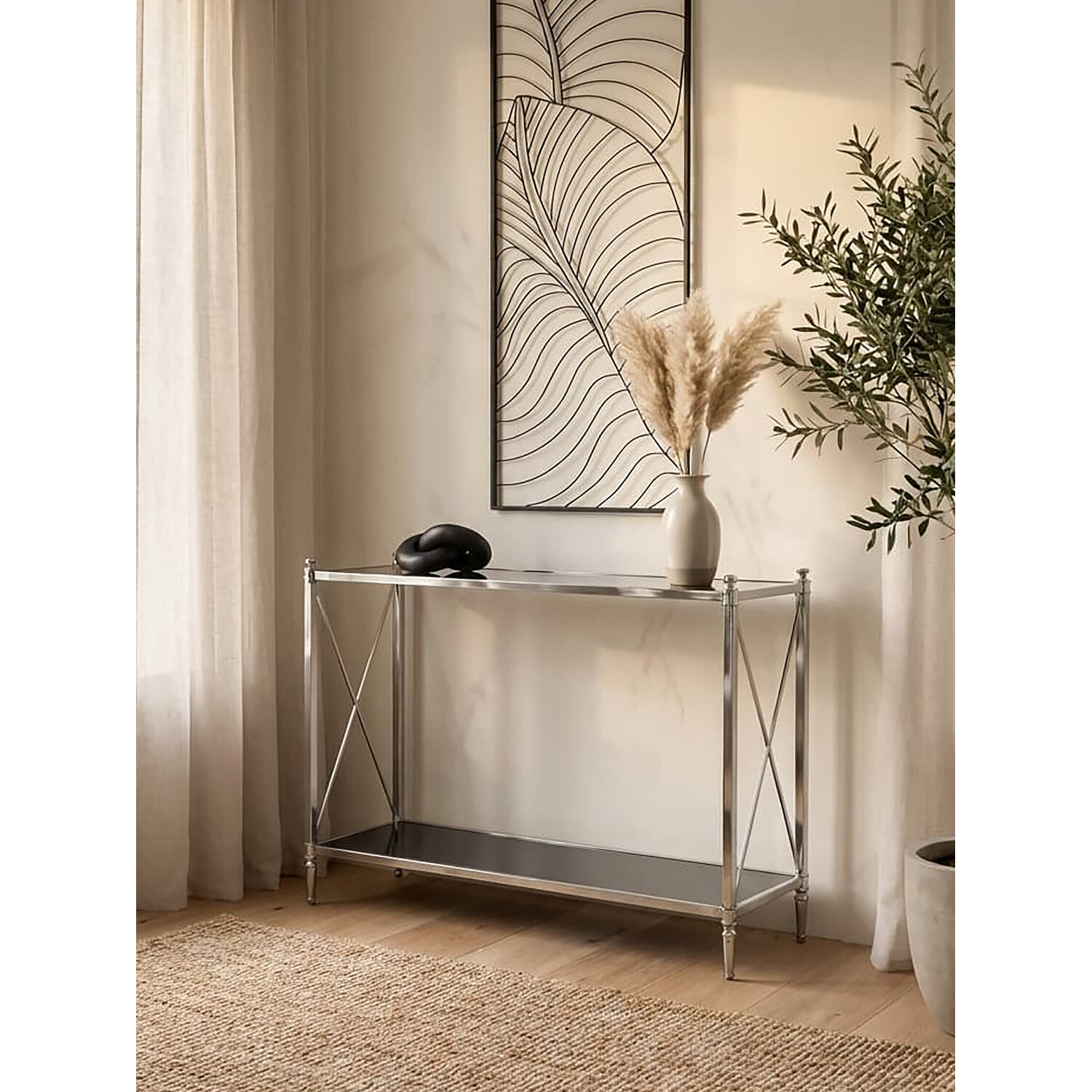 Hoffmann Black Glass And Nickel Finish Console Table - Silver