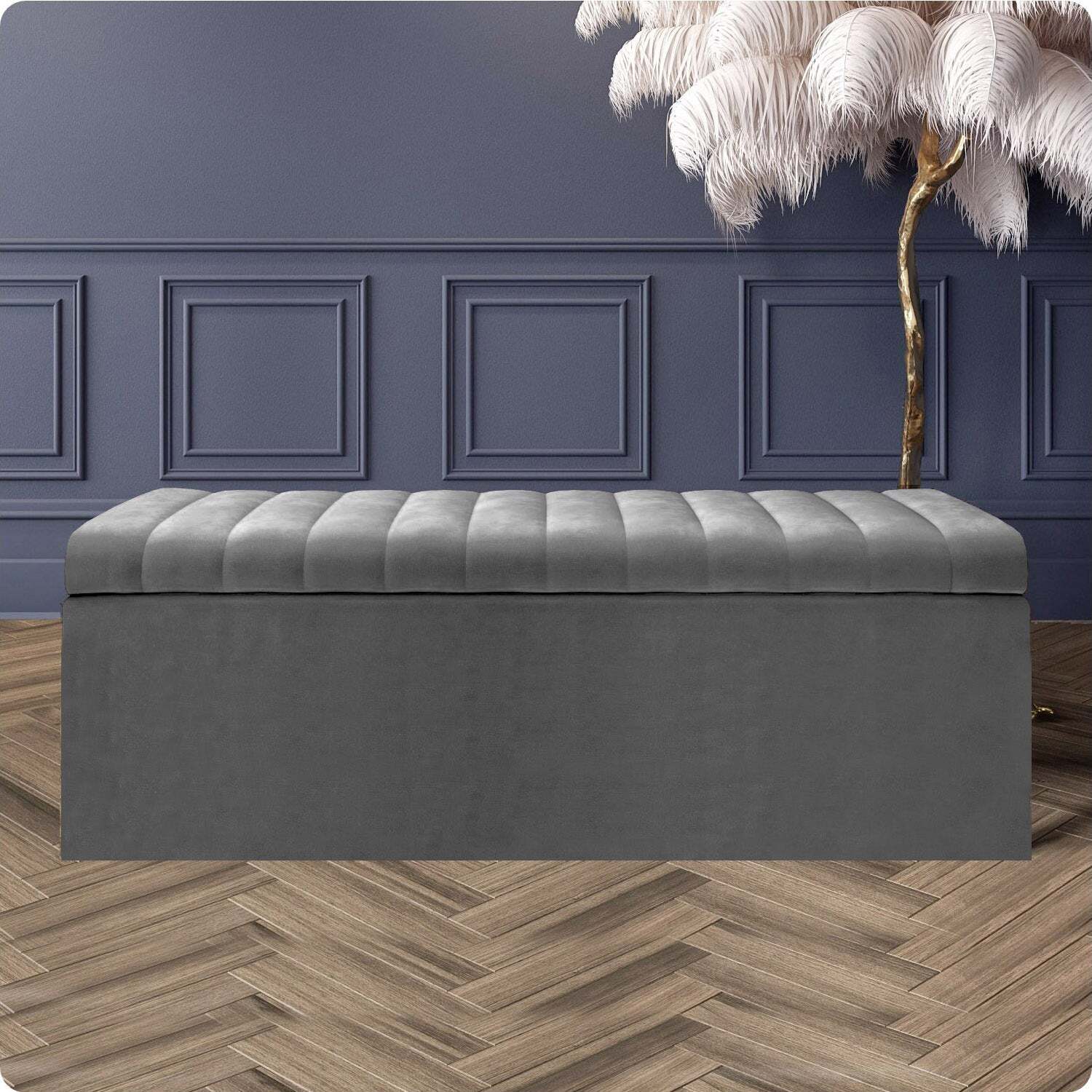 R&M Furnishers Safar Ottoman Storage Box, Plush Velvet Striped Upholstered Blanket Chest, End Of Bed Bench (White) - Grey Plush Velvet