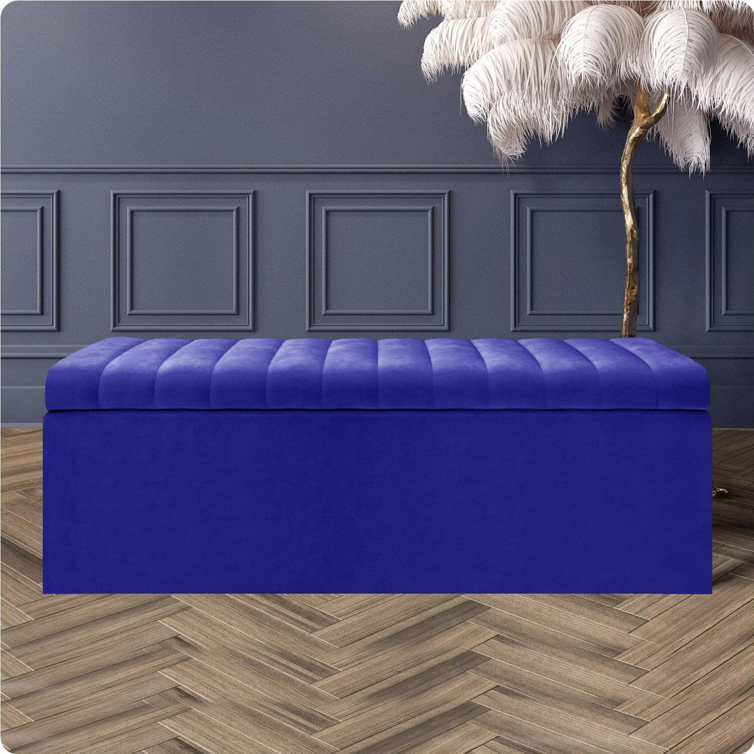 R&M Furnishers Safar Ottoman Storage Box, Plush Velvet Striped Upholstered Blanket Chest, End Of Bed Bench - Sapphire Blue Plush Velvet