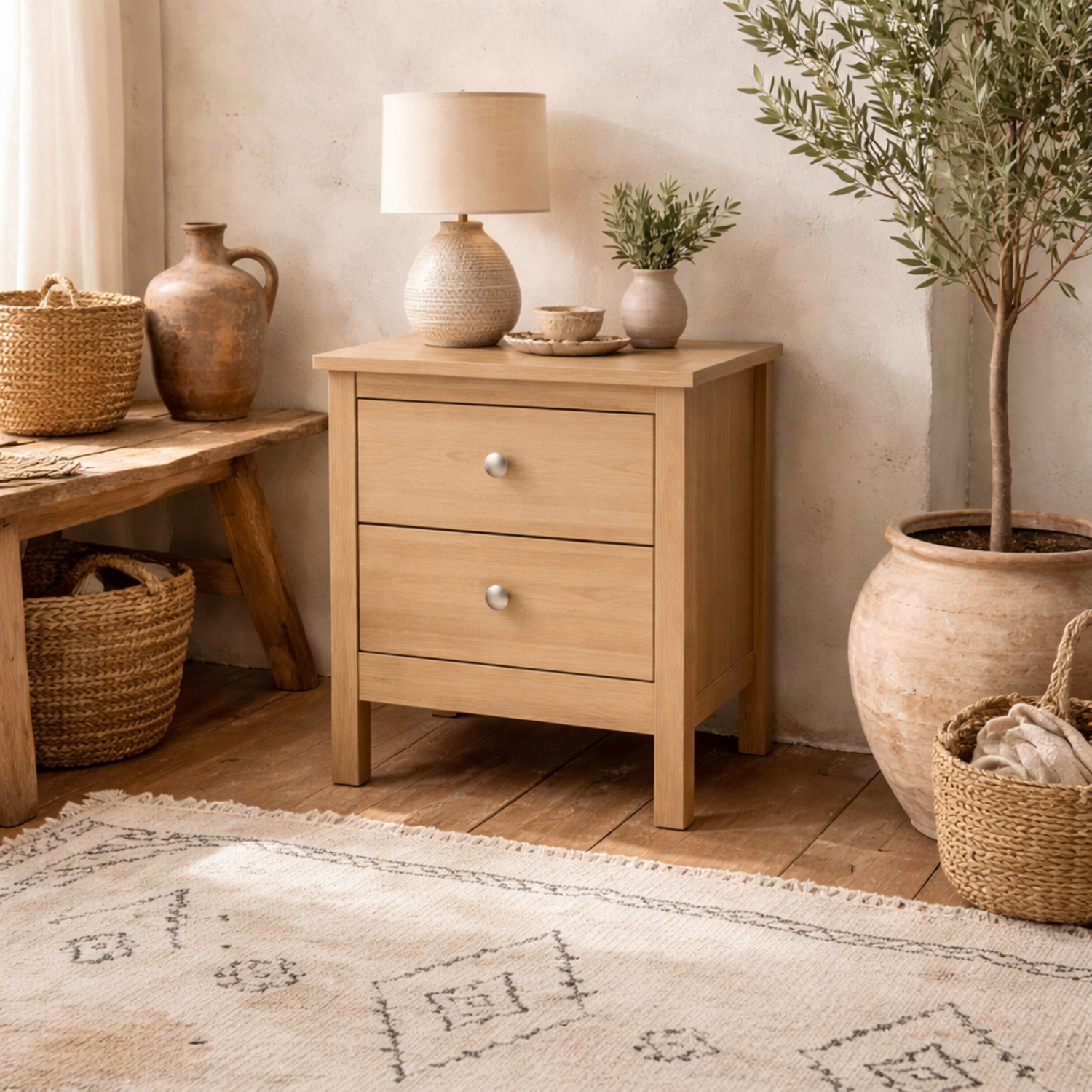 Gossmere Hickory Effect Bedside Table 2 Drawers - Natural