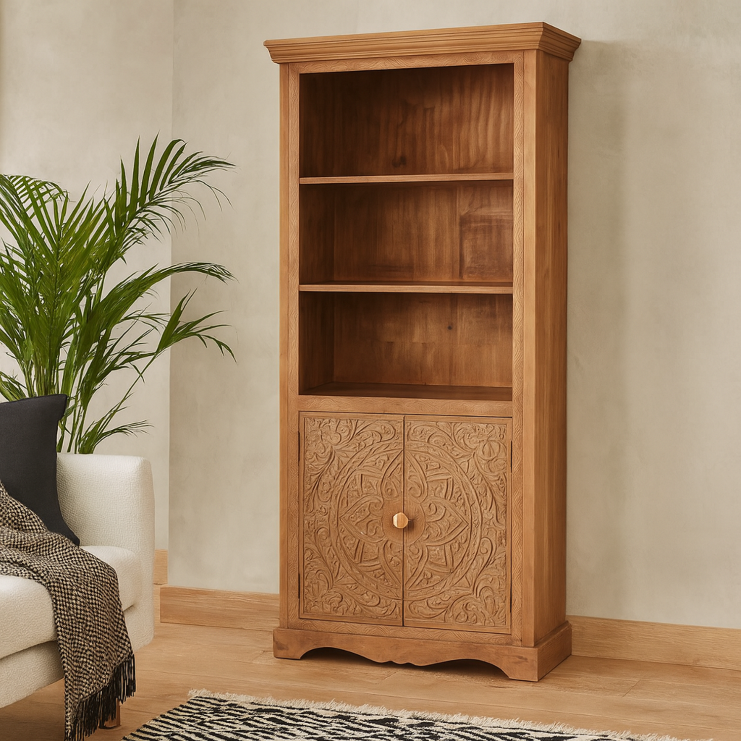 Brighton Mango Wood Bookcase 3 Shelves 2 Door Cupboard - Brown