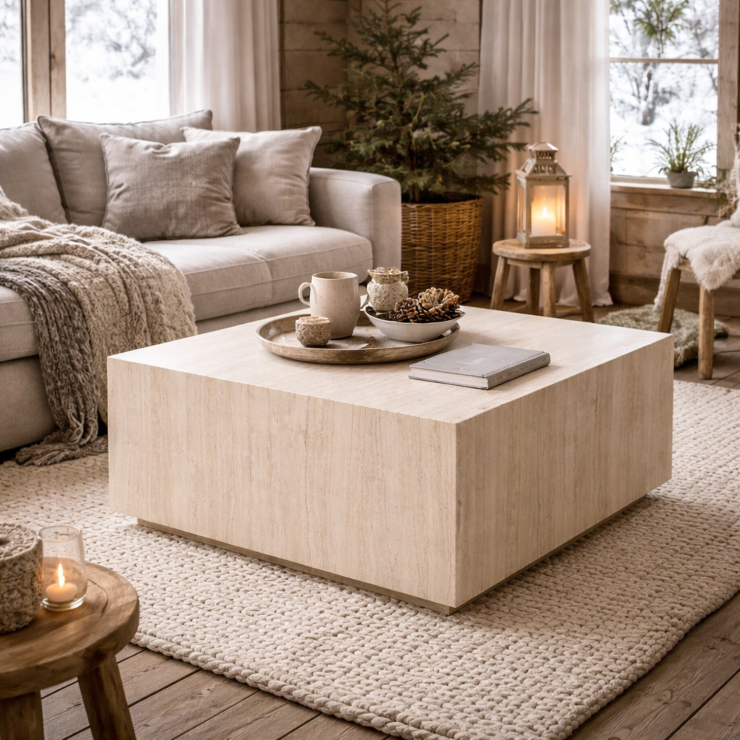 Munkebo Square Coffee Table Light Travertine Effect Top - Natural