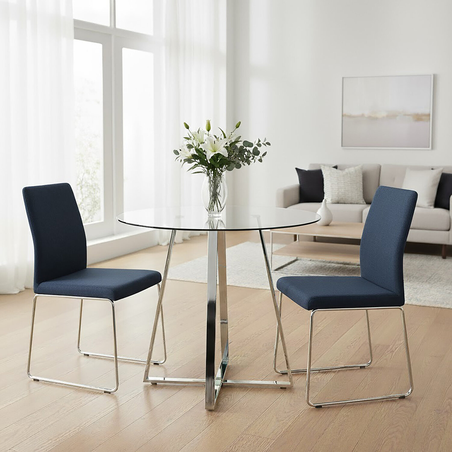 Metropolitan Round Glass Dining Table with Silver Finish Legs - Silver
