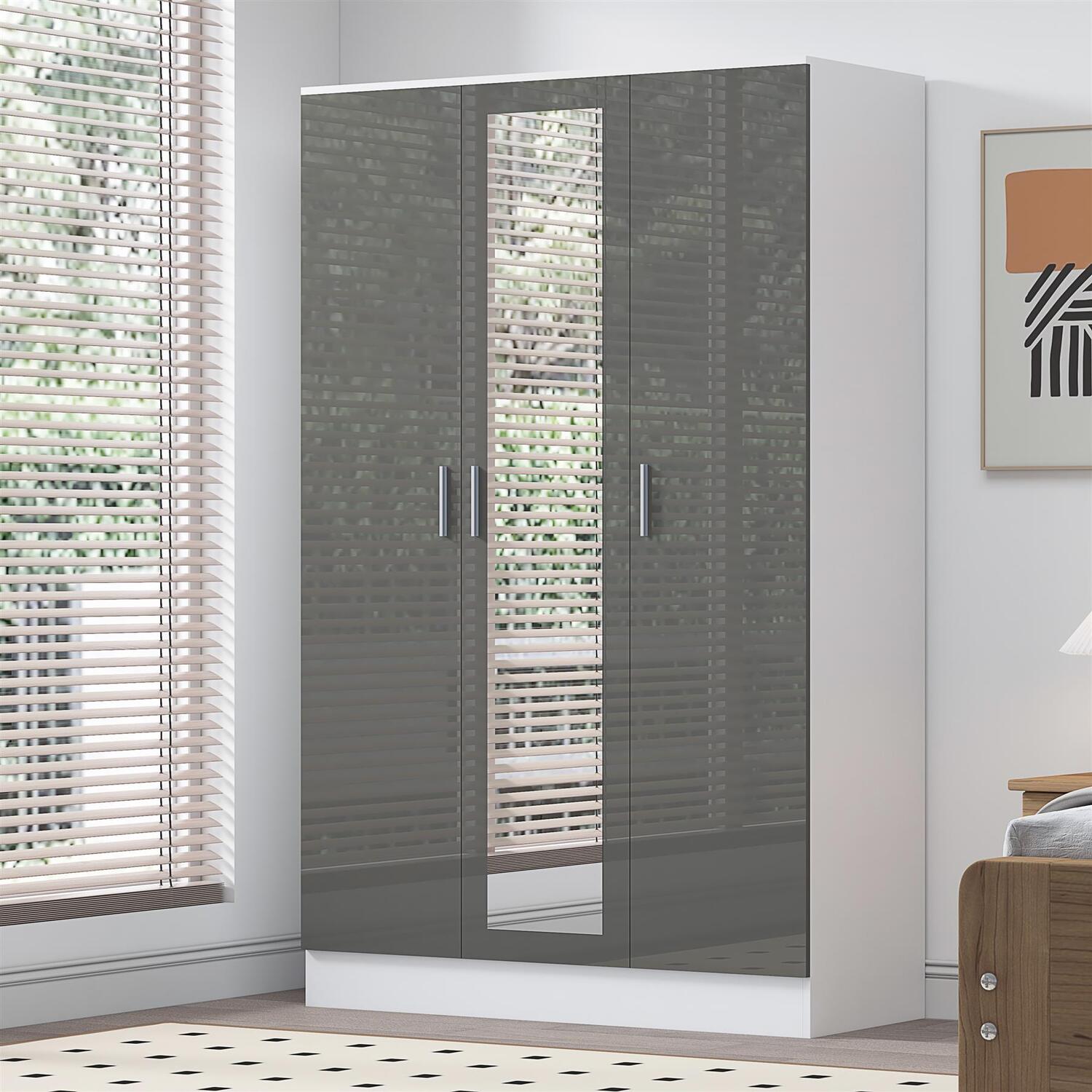 REFLECT 3 Door Mirror Wardrobe - Grey Gloss Fronts & Matt White Carcass - Image 6