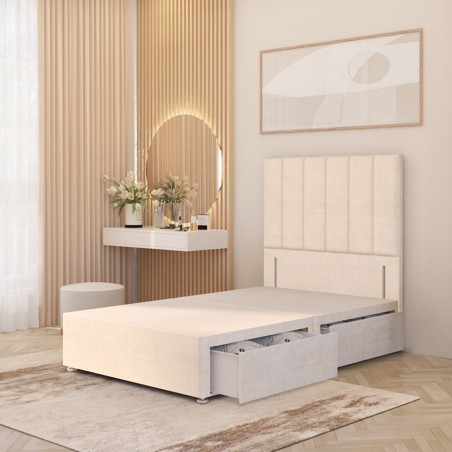 Austin Velvet Divan Bed Base With 54 Floor Standing Headboard And Drawers - Ivory Super King 52kg
