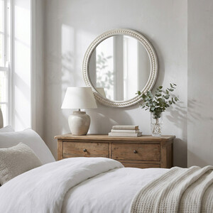 Light Washed Wood Round Beaded Mirror