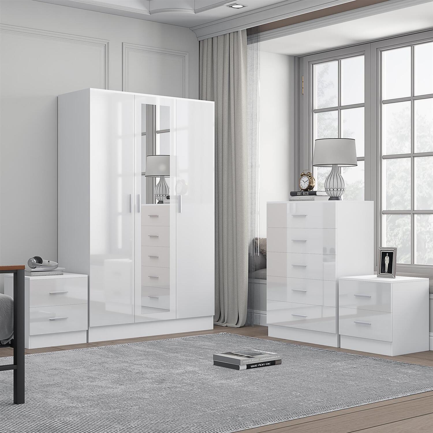 Reflect Bundle - 3Dr Mirror Wardrobe + Chest + 2X Bedsides - White/White - White Gloss / Matt White