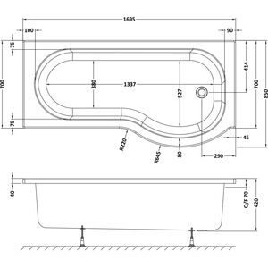 Balterley Modern P Shape Right Hand Shower Bath Tub with Leg Set, 1700mm - White