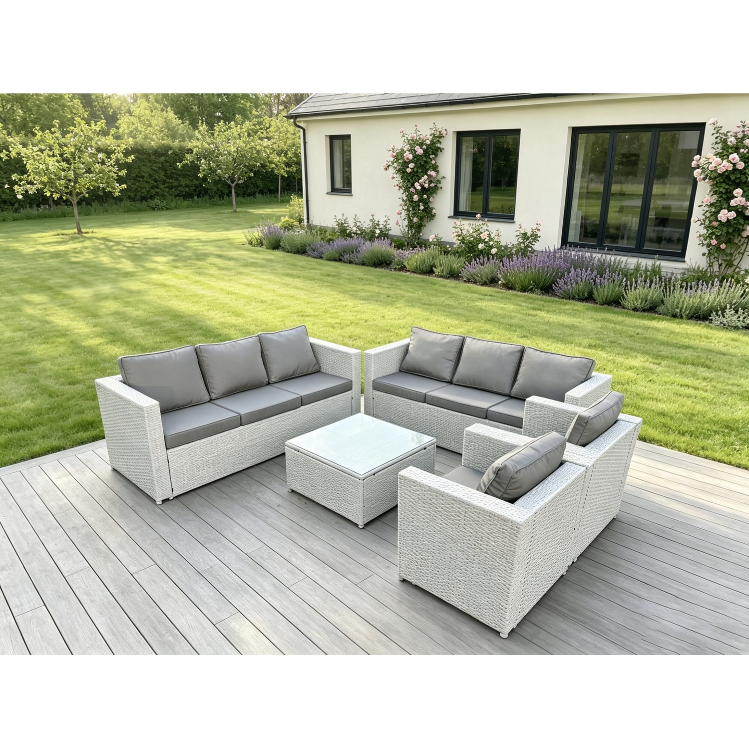 B&Q - 8 Seater Light Grey Outdoor Pe Rattan Garden Furniture Set Wicker Sofa Set Square Coffee Table 2 Armchair - Image 2