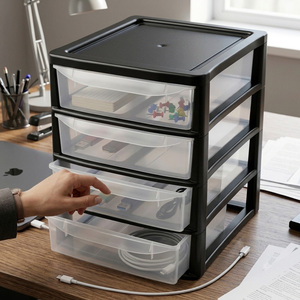 4-Tier Black Tabletop Organizer Plastic A4 Storage Drawers for Office & Home