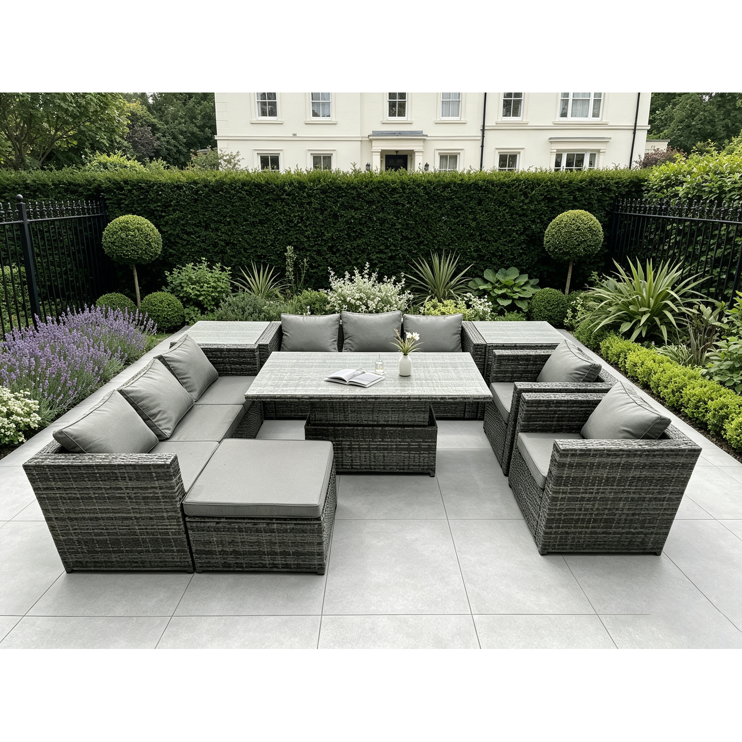 Fimous Dark/Grey 9 Seater?Outdoor Rattan Garden Furniture Adjustable Rising Lifting Table With 2 Side Coffee Tables Chairs Footstool - Image 2