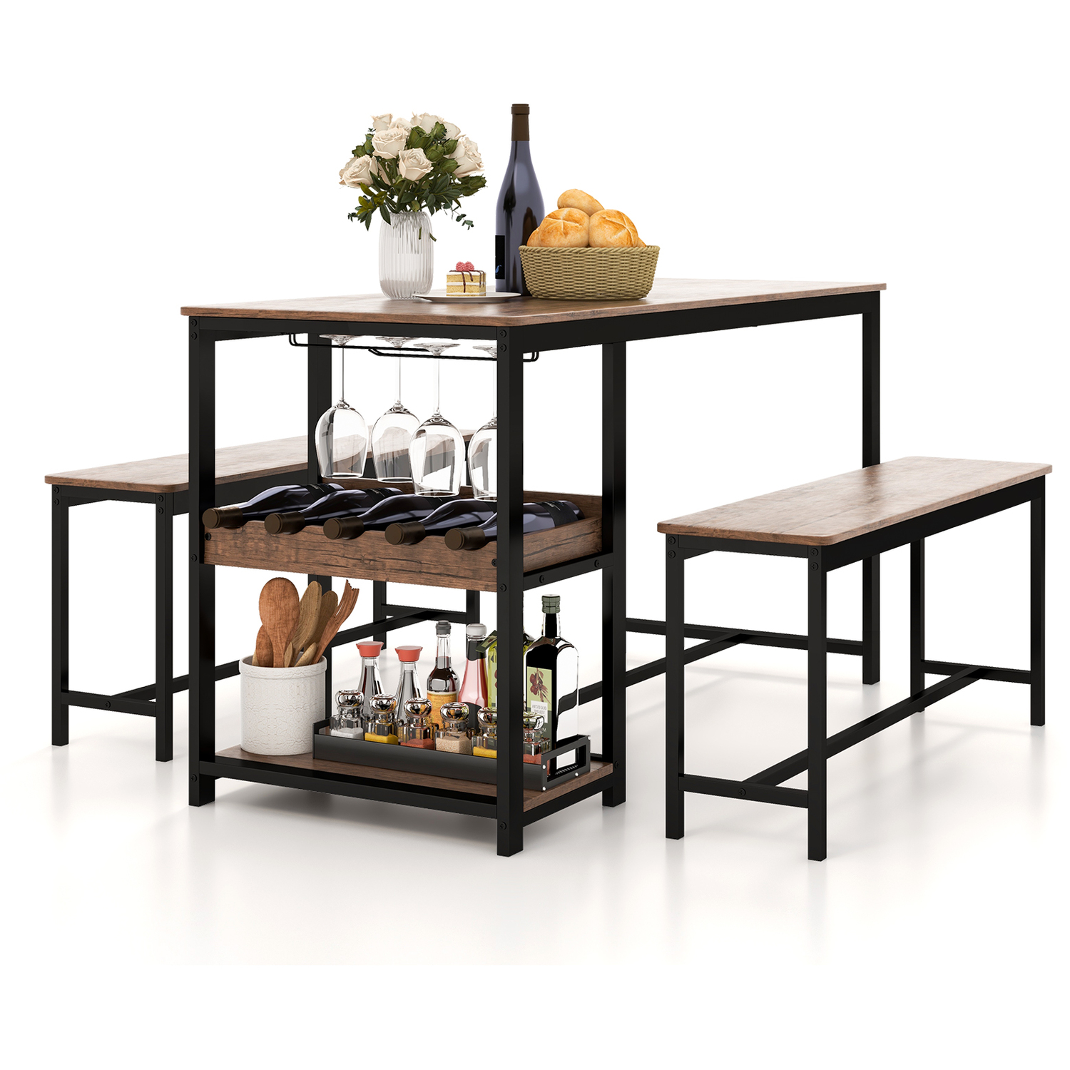 Costway Dining Table Benches Set - Brown