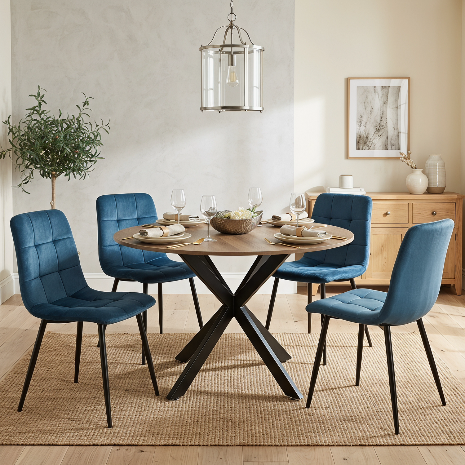 Kosy Koala Unisex Brown 4 Seater Round Dining Table W/ X Legs & 4 Blue Velvet Chairs Set In - Image 2