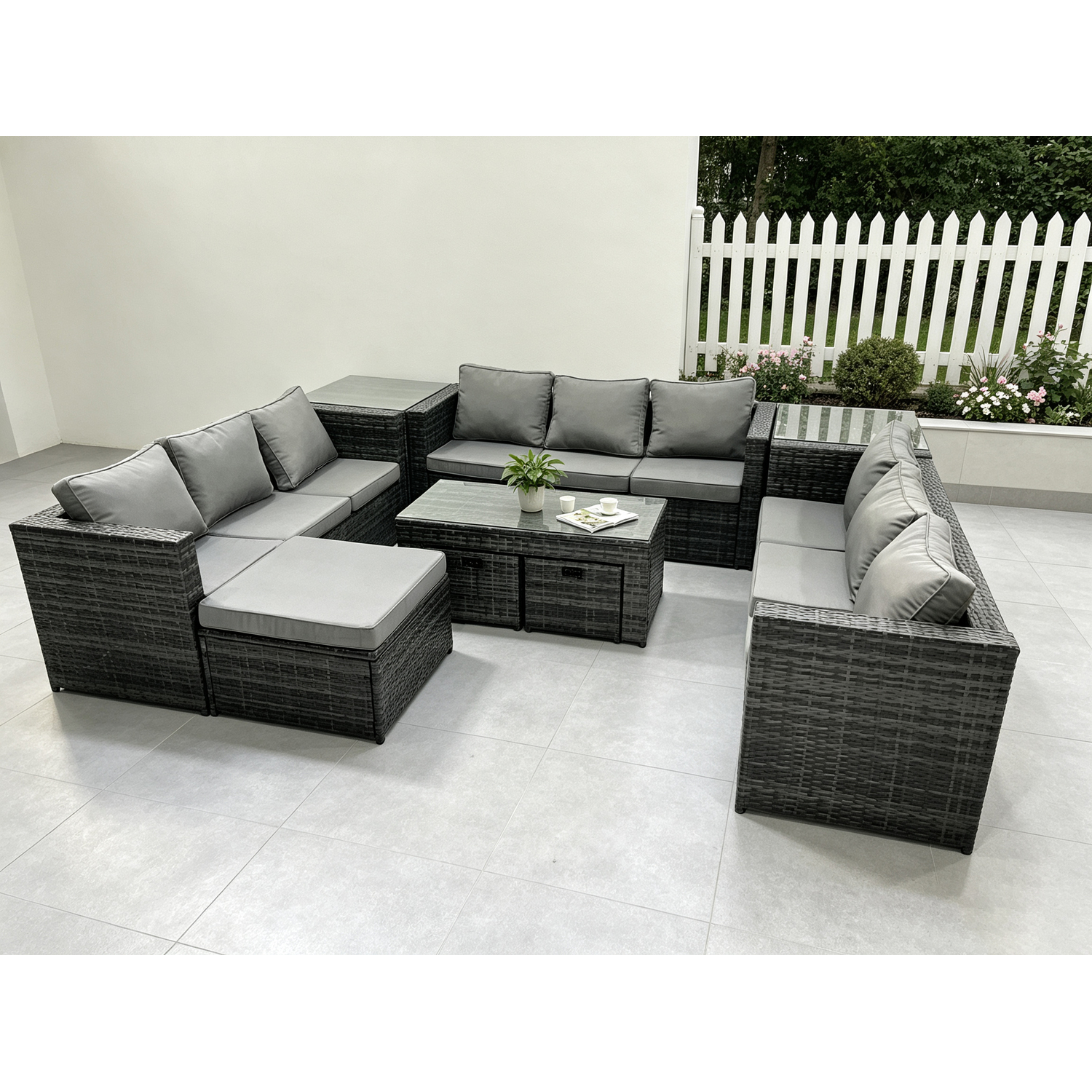 B&Q - Outdoor Rattan Garden Furniture Lounge Sofa Set Oblong Rectagular Coffee Table Big Footstool And 2 Small Stools - Image 2