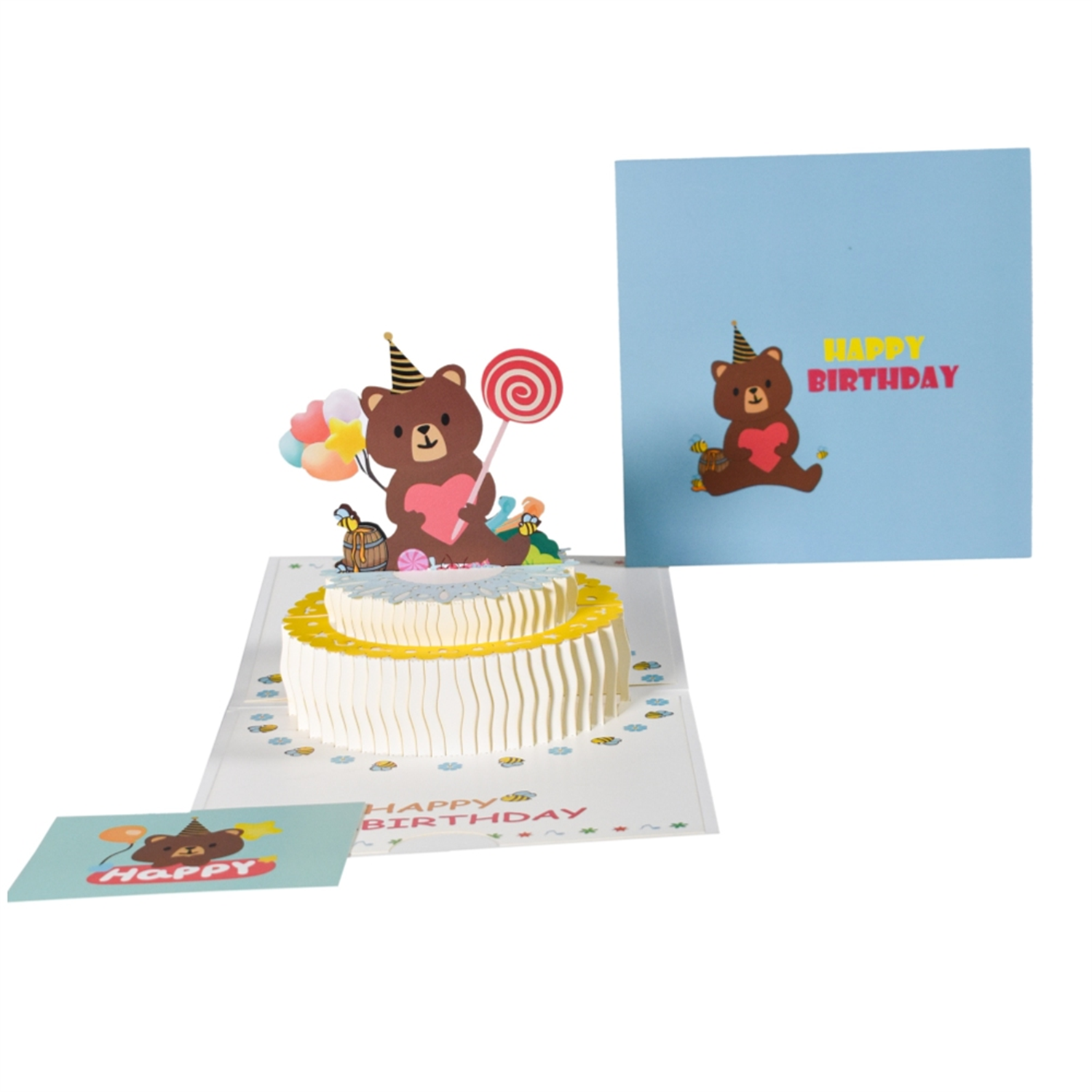 Brightfeel Cake And Bear Holding Heart Design 3D Pop Up Birthday Card - White