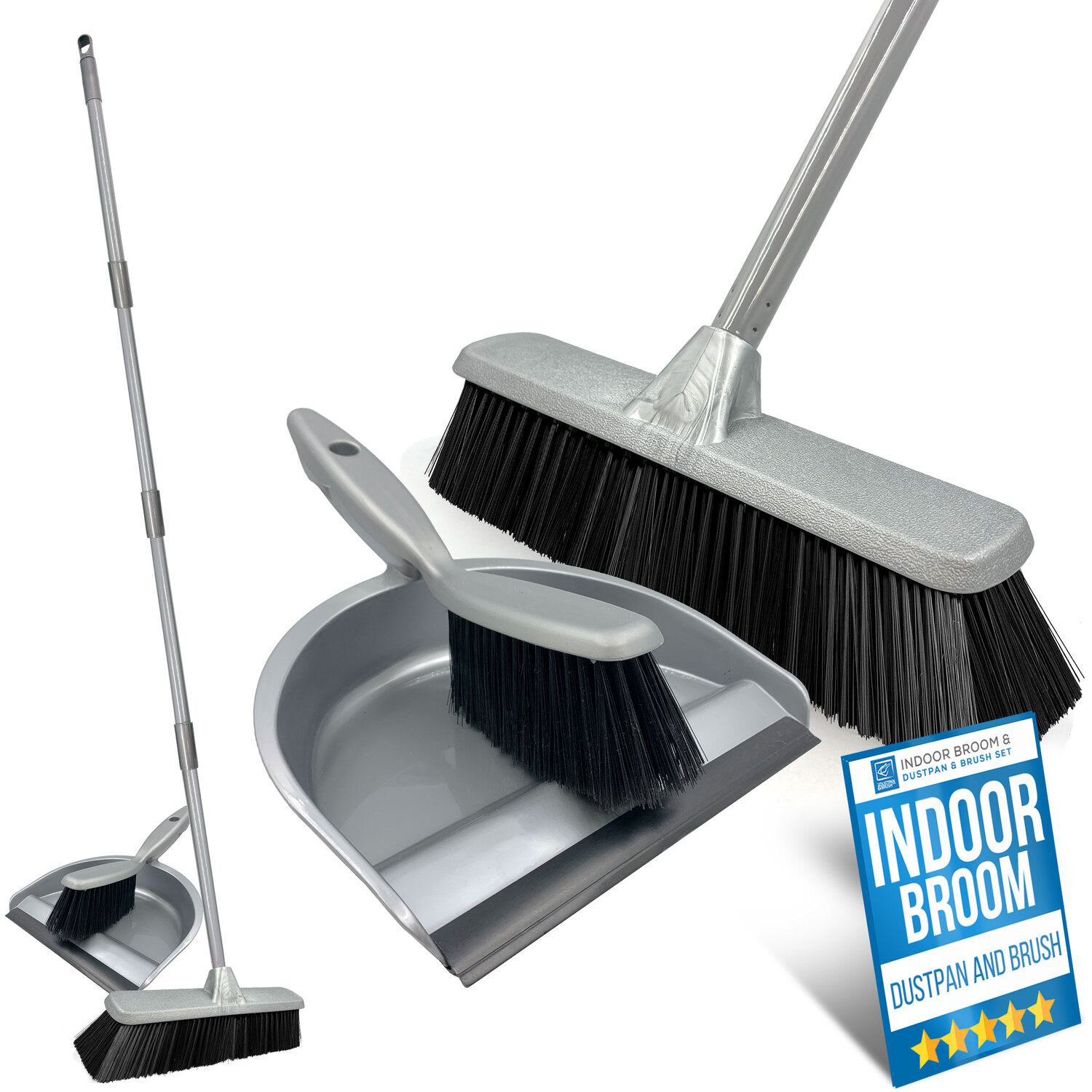 The Dustpan And Brush Store Indoor Soft Sweeping Broom And Dustpan Set Long Handle Floor Brush For Wood And Tile - Grey