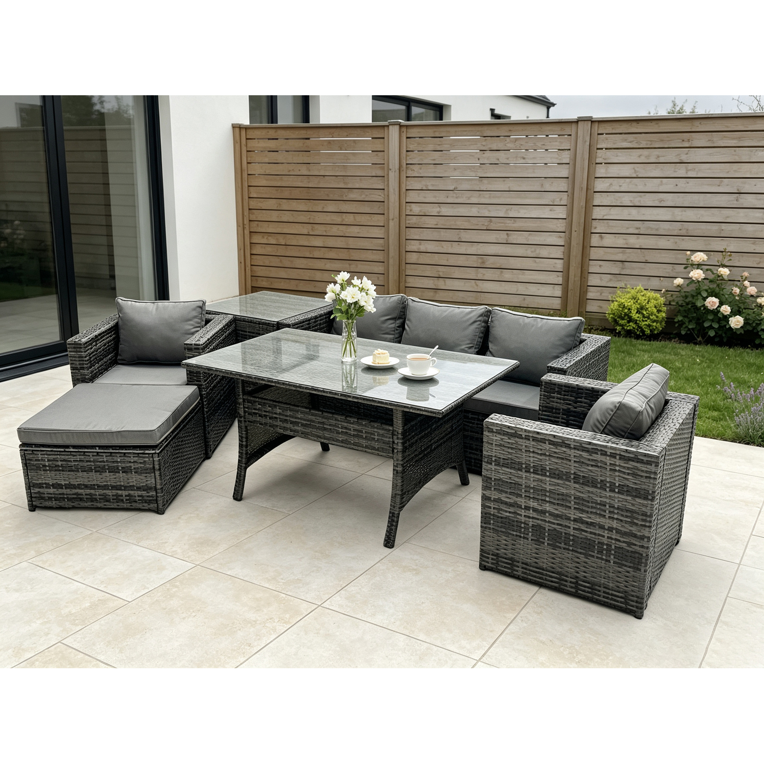Fimous Pe Wicker Rattan Garden Furniture Set Outdoor Rectangular Dining Table Lounge Sofa Chair With Side Table Stool 6 Seater - Image 2