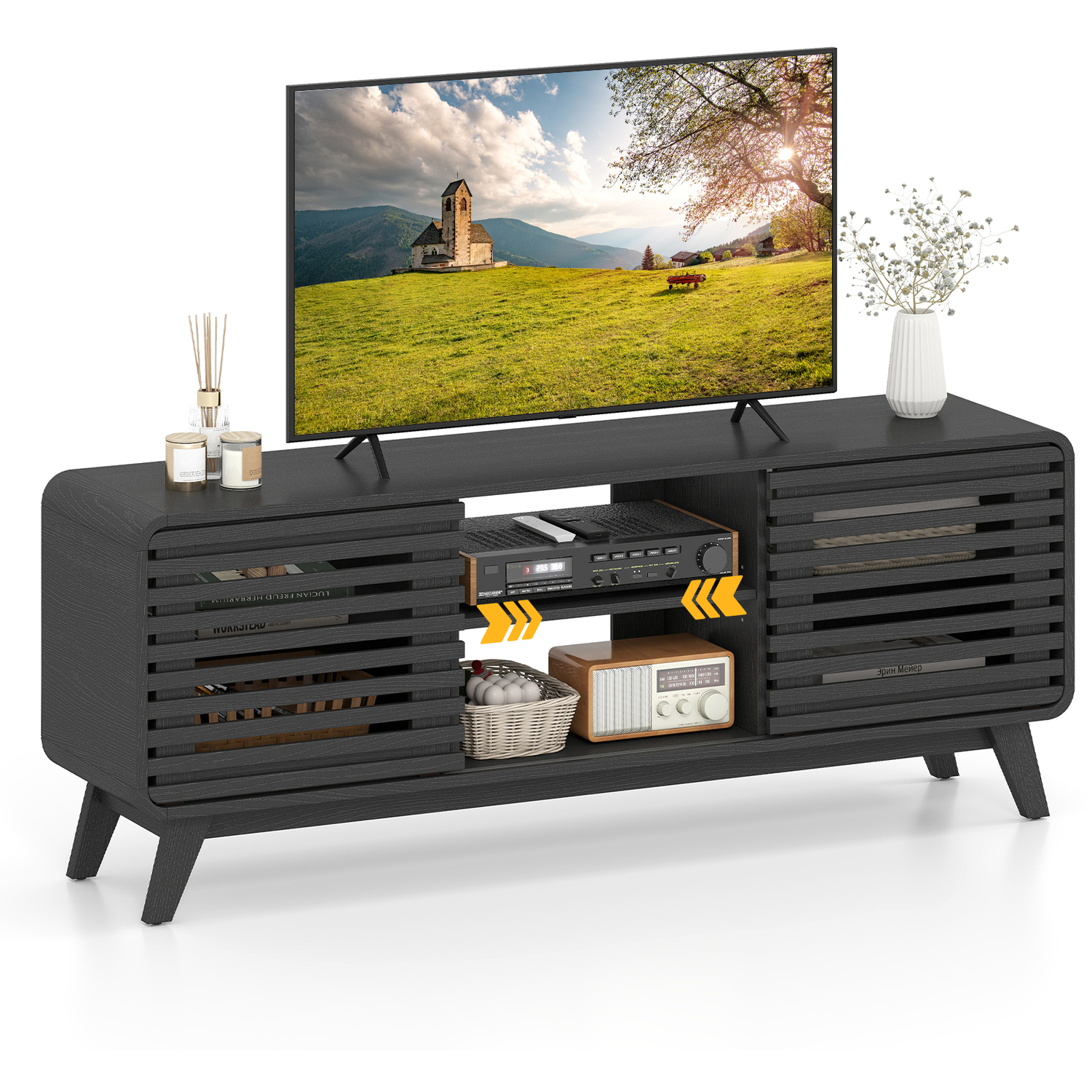 Costway Tv Stand For 65" Tvs Mid Century Modern Entertainment Center-Black - Black