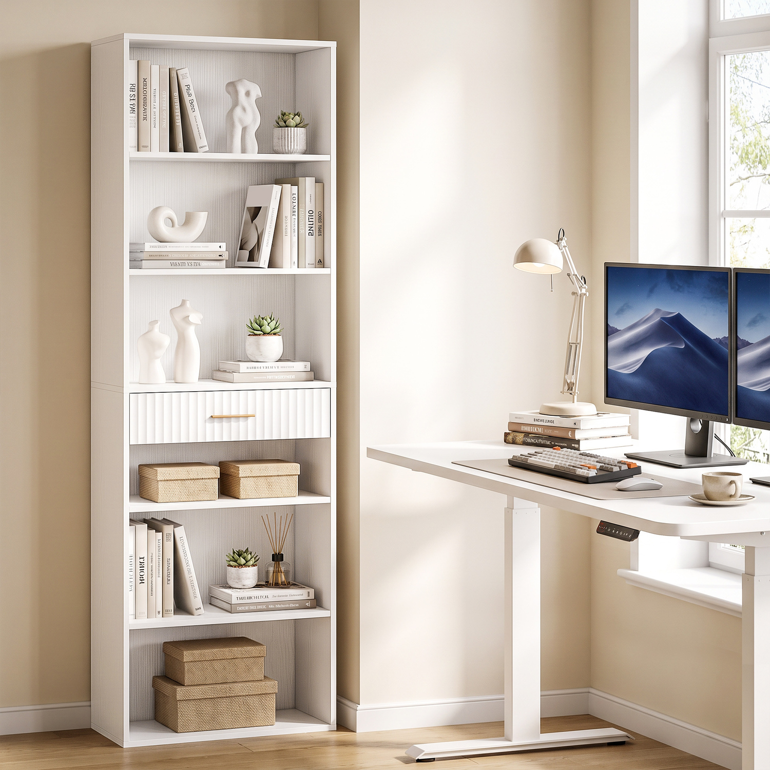 Homcom White Tall Bookcase With Cubes, 7-Tier Bookshelf With Drawer, - 24 - Image 3