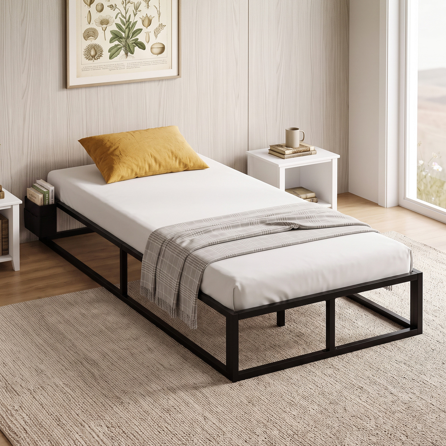 Homcom 12 Slats Metal Platform Bed Frame With Storage Bag, Black, Black - Image 3