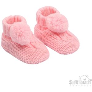 Pink Elegance Cable Knit Bootees with Pom Pom NB - 12 Months