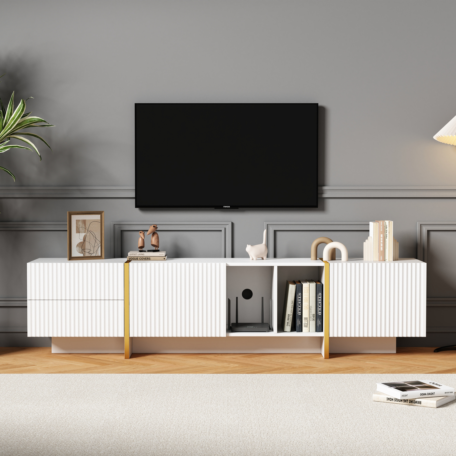 Aka Tv Stand With Storage Cabinet, Open Shelves And Embossed Pattern, White - White+Gold